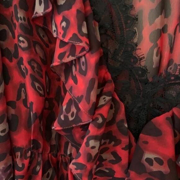 Boston Proper Sheer Red  Black Animal Print Lace Peplum Tunic Top Size 10 - Picture 5 of 13